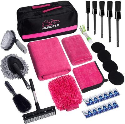 China Universal Pink 31pcs Kit Set Car Wash Station Cleaning Kit With Canvas Bag Cleaning Gloves Other Car Cleaning Tools for sale