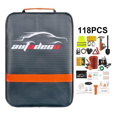 China 118 Pcs Car Roadside Emergency Universal Premium Heavy Duty Kit With Multifunctional Jumper Cables Air Compressor Tow Strap Hammer Shovel for sale