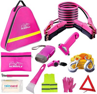 China Universal Car Emergency Pink Roadside Aid Kit With Jumper Cable Tow Rope LED Road Flare Whistles Women Emergency Safety Tool Kit for sale