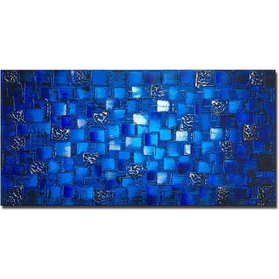 China Abstract Large Thick Textured Modern Dark Blue Add Silver Oil Painting Hand Painted Abstract Squares Canvas Wall Art for sale