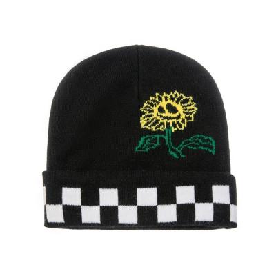 China JOINT factory cheap sunflower jacquard warm knit soft thermal beanies winter hat for kids and adults for sale