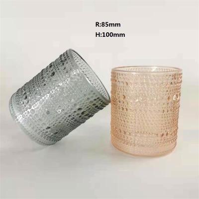 China Factory Supply Home Decoration Candle Cup Cover Glass Colored Embossed Glass Candle Holder for sale