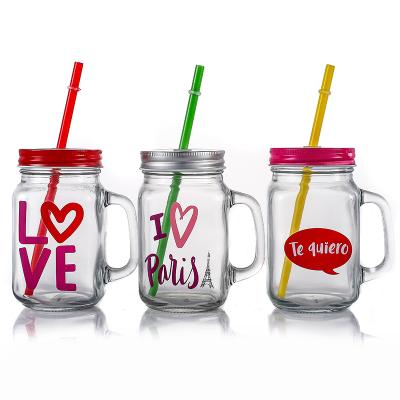 China High Quality Beverage Color 450ml Metal Lid Glass Mason Cup With Straw for sale