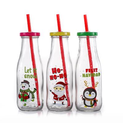 China Wholesale Beverage Christmas Theme 400ml Beverage Bottle Glass Mason Cup With Straw for sale