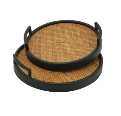 China Art Deco Tray for Home Decor Crafts Black Color Round Shape Metal Rattan Minimalist Tray for sale