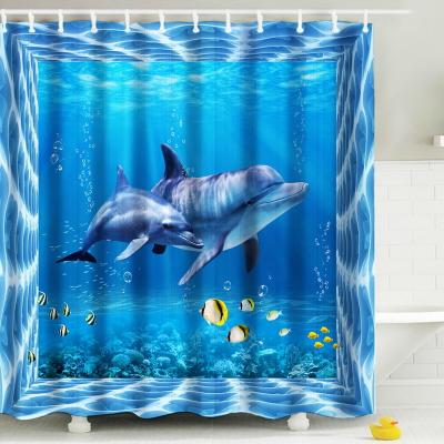 China Sustainable Custom Digital Printing Ocean Dophin Seaside Fabric Shower Curtain 71*71 Inch for sale