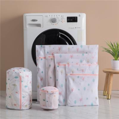 China Modern Tree Printing Polyester Fine Mesh Washing Laundry Bag Net Pink Zippered Bag For Clothes Underwear Socks for sale