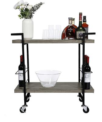 China Industrial Bar Cart with Metal Frame for Home 2 Tier Serving Cart Rolling Kitchen Cart Kitchen Cart with Wine Rack for sale