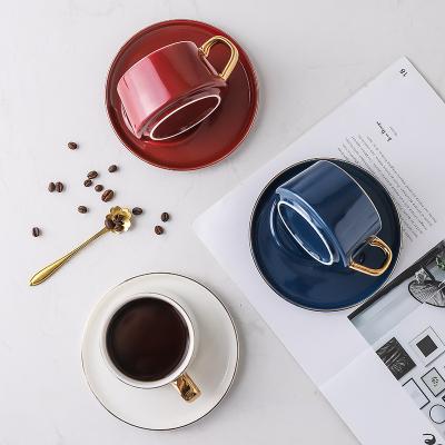 China Simple Ceramic Black Coffee Cup and Saucer Handcrafted Cup Cappuccino Tea Tea Cup With Saucer Set for sale