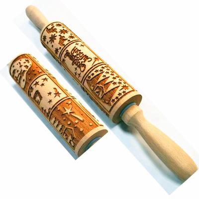 China Sustainable Amazon Embossed Wooden Embossing Dough Roller Pin For Christmas And Halloween Holidays for sale