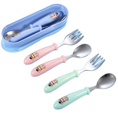 China Minimalist Cartoon Design ABS Handle Baby Feeding Tableware Set Kids Spoon And Fork Stainless Steel Toddler Tableware Set Cutlery Set for sale