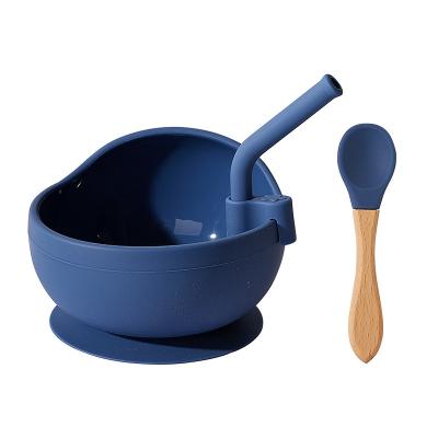 China Divided Room For Different Popular Food Safe Silicone Children Kids Dish Spoon Suction Feeding Bowl Set Baby Silicone Spoon With Wooden Handle for sale