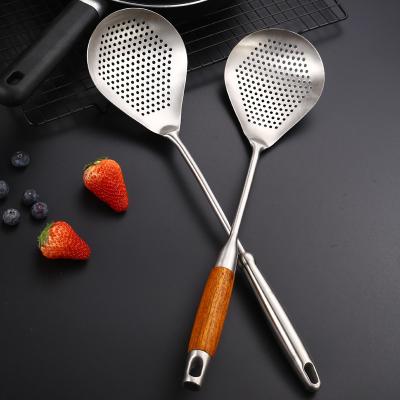 China Sustainable Kitchen Utensil Stainless Steel Skimmer Slotted Spoon Spaghetti Server With Rosewood Handle for sale