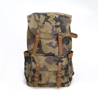 China Retro Camouflage Packing Backpacks Vintage Anti-theft Leather Water Resistant Waxed Canvas Laptop Backpack for sale