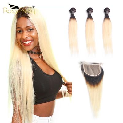 China Ross Pretty Peruvian Straight Human Hair 1B 613 Blonde Silky Straight Wave Bundles With 13x4 Lace Headbands for sale