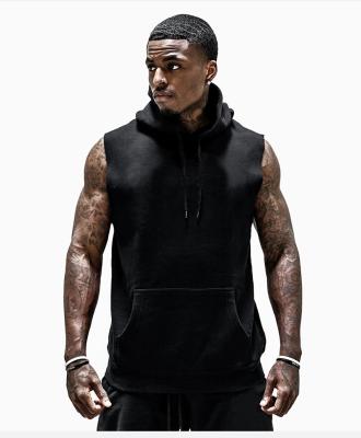 China Private Mens Fitness Black White Gym Hoodie Breathable Sleeveless Tops Men With Pockets Custom Logo Pullover Hoodie Vest for sale