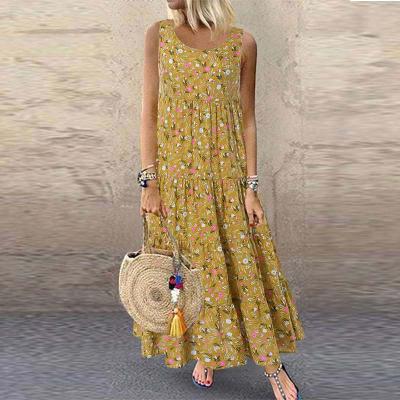 China Anti-wrinkle fashion lady summer vintage floral round neck women's boho sleeveless dress for sale