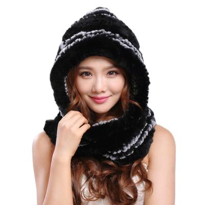 China New Winter Fashion Thick Warm Comfortable Woven Hooded Real Rex Rabbit Fur Hat Women Winter European And American Warm Fur Scarf Double Use for sale