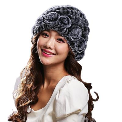 China New style wholesale comfortable warm thick knitted hats for autumn and winter, European and American fashion ladies' hats rex rabbit fur ear for sale