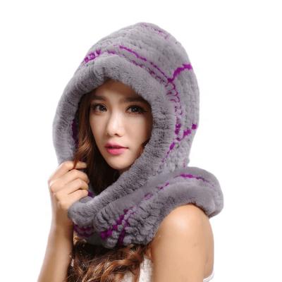 China New Rex Rabbit Fur Hooded Winter Scarf Female Warm Comfortable Warm Thick Fur Hooded Woven Hooded Dual-Use for sale