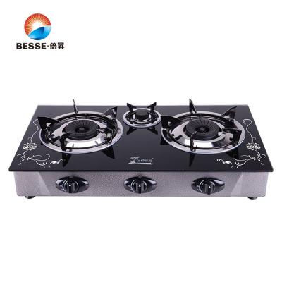 China Widely Used Household Cooking Appliances Table Tempered Glass Gas Stove Triple Burner Gas Stove for sale