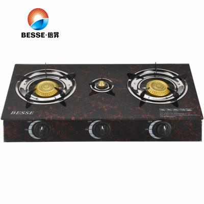 China Household Tempered Glass High Quality Gas Stove Cast Iron Triple Burner Cooking Stove for sale