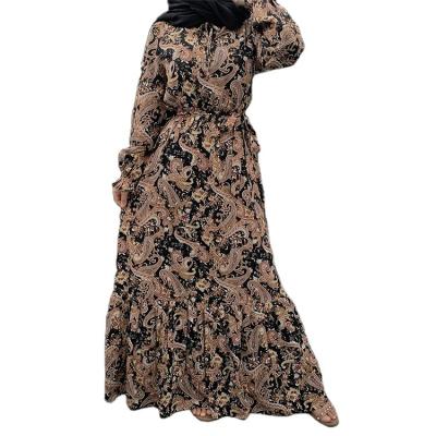 China 2021 new fashion muslim fashion printed casual long skirt with big edge strap turkish dubai dress abaya for sale