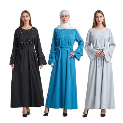 China Bell Sleeved Kaftan Beaded Slim Dress With Bead Women Dubai Abaya Islamic Muslim Muslim Kaftan Multilayer Flare Sleeve Fashion Beaded Lace Up Slim Bell Sleeved Dress With Beading pearl women dubai abaya for sale