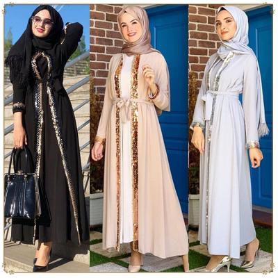 China Daily Dubai Muslim Dress 2021 Women Quilting Islamic Clothing Open Front Maxi Kimono Abaya Sequin Cardigan Abaya for sale