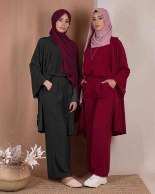 China Polyester Amazon Turkey solid color three pieces set women suits baju kurung casual wear abaya for sale