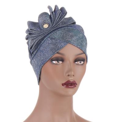 China New Hot Sale Cotton/spandex Shiny Bling Turban Hijab Silk Muslim Floral Headwrap With Flower Glitter Cross Turban Hat Hijab Scarf for sale