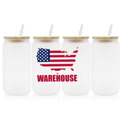 China USA warehouse white 12oz 16oz 20oz libbey beer sublimation viable clear frosted glass cans with bamboo lid and straw for sale