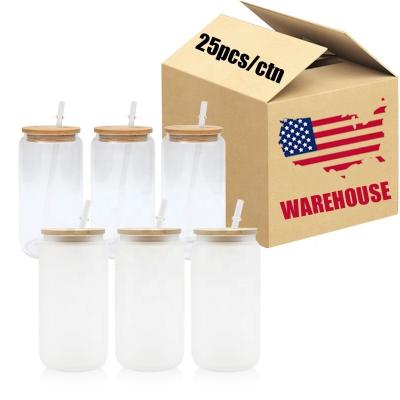 China Viable USA STORE wholesale 16oz 12oz beer can shape libby glasses frosted clear beer mugs sublimation tumbler glass with bamboo lid for sale