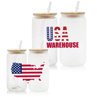 China Sustainable Amazon Hot Sale US Warehouse 12oz Sublimation Blanks Tumbler Glass Beer Can Mug 16oz Clear Frosted With Bamboo Lid And Straw for sale