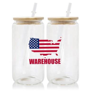 China Sustainable US Warehouse Stocked Empty 16oz Sublimation Clear Frosted Cool Color Changed Shade Beer Can Glass Iridescent With Bamboo Lid for sale