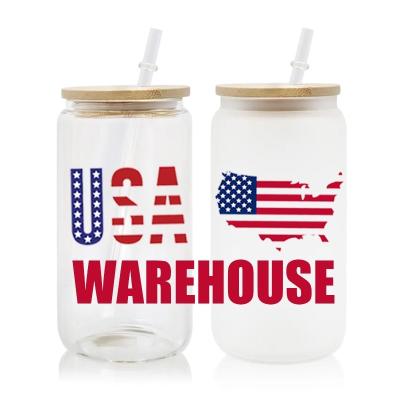 China Viable Wholesale USA Stocked Libbey Clear Beer Can 16oz 20oz Clear Frosted Glass Sublimation Printing for sale