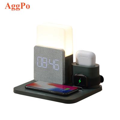 China Convenient Muti-function Wireless Charger Alarm Watch Desktop Mobile Phone Charging Five in One Night Light for sale