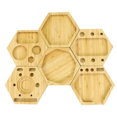 China Hot Selling Rolling To Accept Customized Logo Hexagon Honeycomb Shape Composition Removable Storage Tray Multifunctional Wooden Ashtray for sale