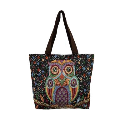 China Rope Handle Ladies Shoulder Bag Owl Burlap Portable Packing Shoulder Tote Shopping Handbag for sale