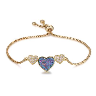 China Wholesale Gold Plated Love Heart Shape Gemstone Bracelet Natural Crystal Druzy Jewelry Environmentally Friendly For Gifts for sale