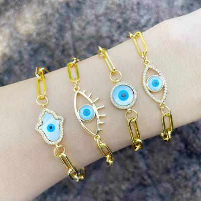 China Wholesale Environmentally Friendly Enviromentally Friendly Gold Plated Paperclip Chain Bracelet Palm Clover Evil Eye Charm Bracelet For Women for sale