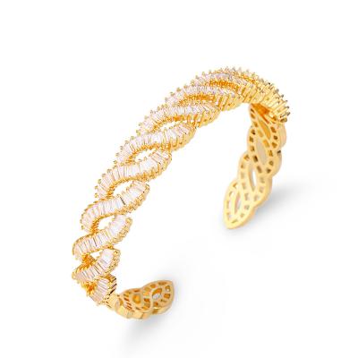 China Hot Sale Environment Friendly Gold Plated Micro Pave Shiny Bling Zircon Charm Bangle Cuff Bracelet For Woman Jewelry for sale