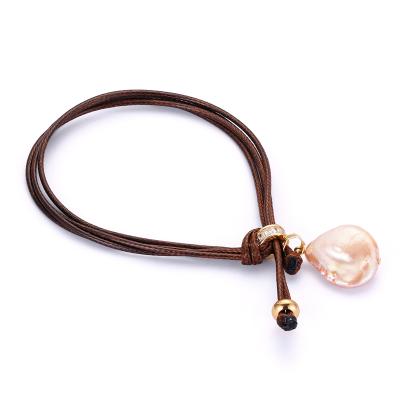 China TRENDY Fashion Gold Plated Accessories Leather Chain Bracelet Cultured Pearl Jewelry Freshwater Bracelet for sale