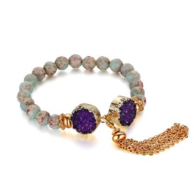 China Wholesale DIY Fashion Boho Natural Stone Bracelet Bangle Druzy Men With Imerpial Jasper Beads Chain for sale