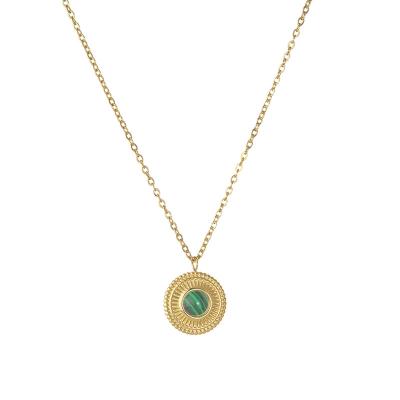 China Environmental Friendly Customized Gold Plated Stainless Steel Round Shape Malachite Gemstone Charms Pendants For Necklace for sale