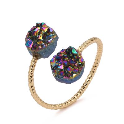 China TRENDY fashion quartz crystal ring natural gold plated brazil druzy stone wedding rings for women girls for sale