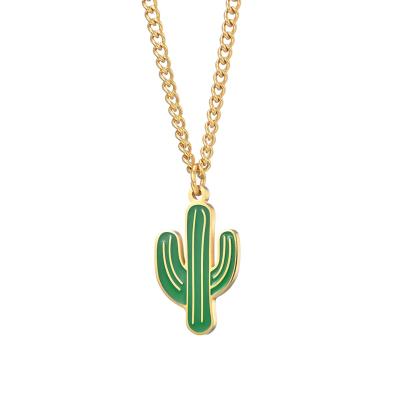 China Fashion Environmental Friendly Gold Plated Personalized Stainless Steel Green Cactus Charm Pendant Necklace For Men's Gifts for sale