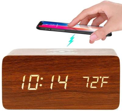 China Antique Wooden Style Voice Control Table Clock Wireless Charger Led Charging Simple Wooden Clock Dock Alarm Clock for sale