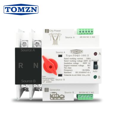 China TOMZN Single Phase Din Rail ATS Dual Uninterrupted 2P Automatic Power Transfer Electric Selectors 63A 100A 125A TOQ5-63/2P for sale