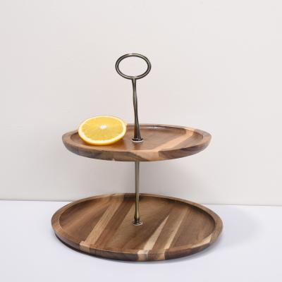 China Viable wholesale creative double layer acacia wooden cake stand cake stand party tray dried fruit and cake station for sale